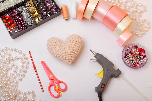 DIY crochet heart, glue gun ribbon and beads