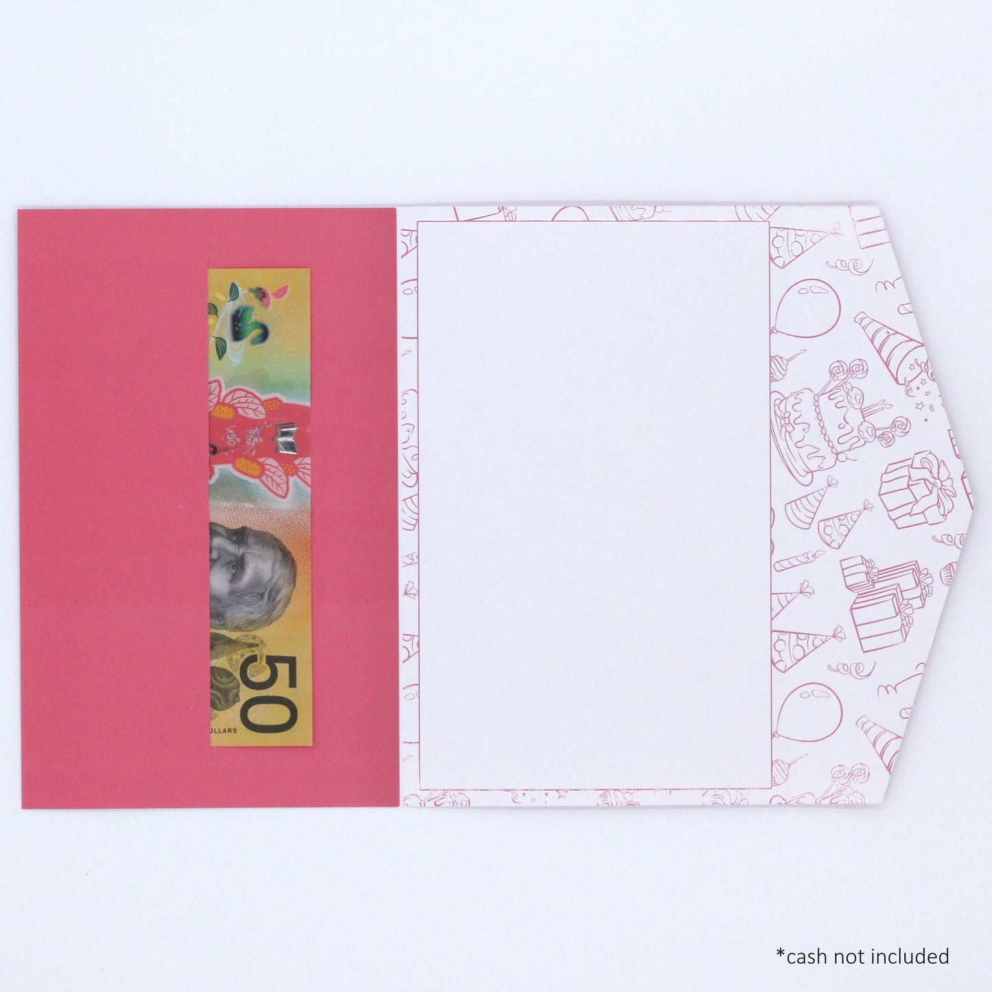 Pink pocket birthday greeting card with money in pocket