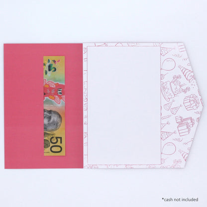 Pink pocket birthday greeting card with money in pocket