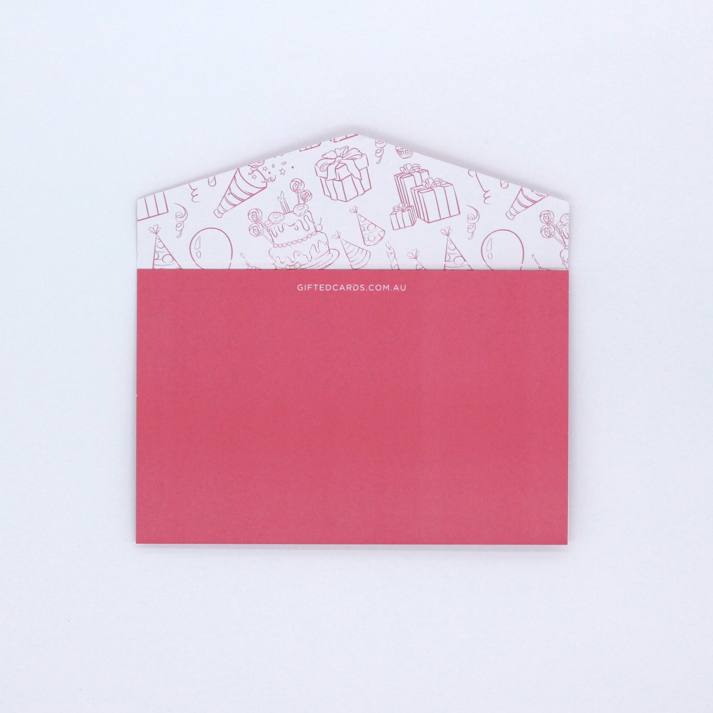 Open flap of pink pocket birthday greeting card