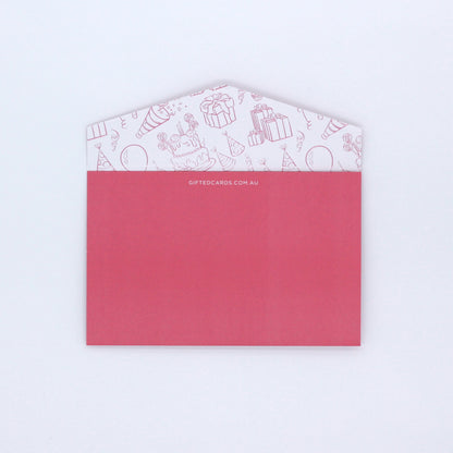 Open flap of pink pocket birthday greeting card