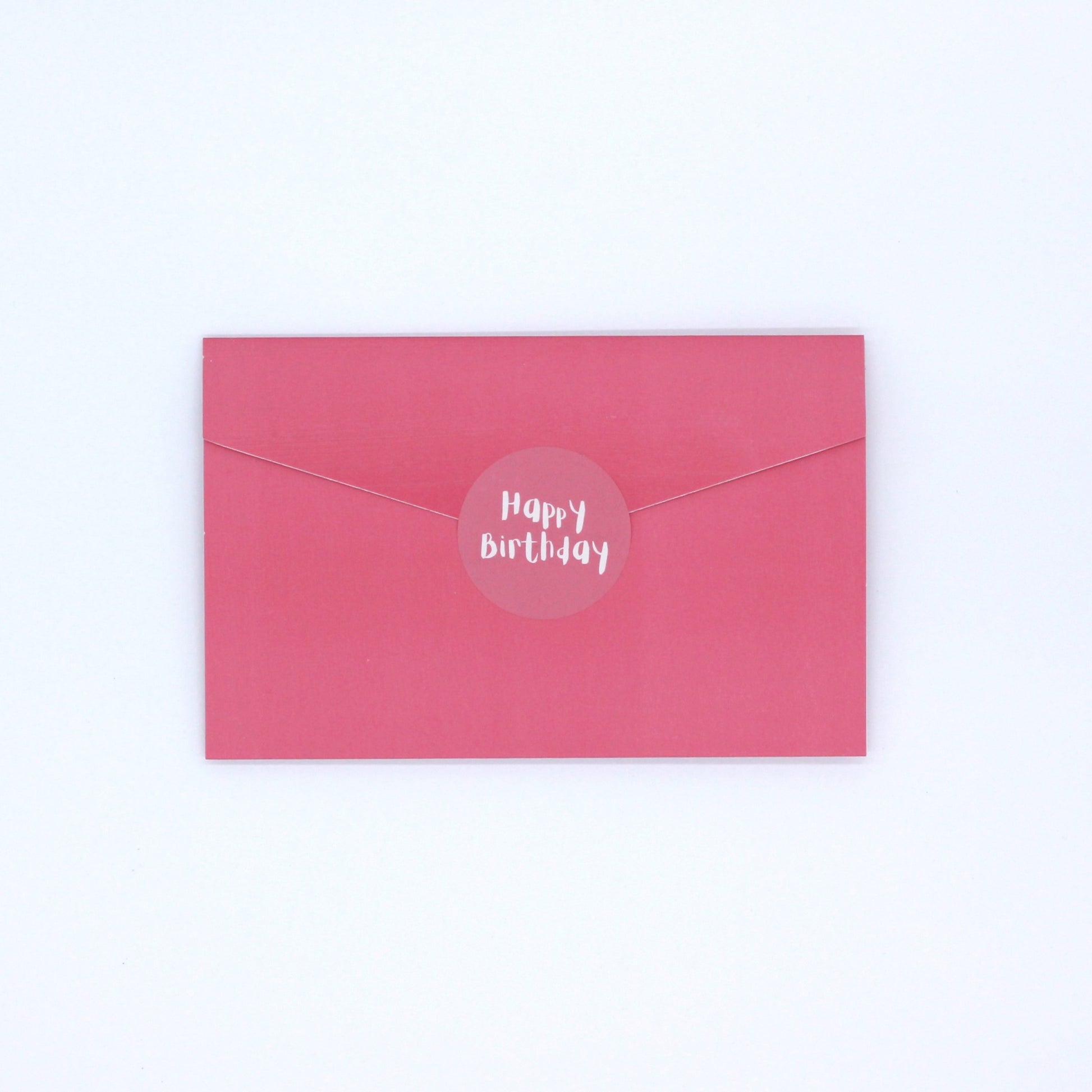 back of pink pocket birthday greeting card with Happy birthday Sticker