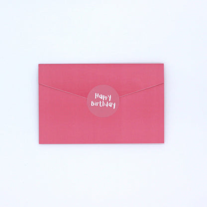 back of pink pocket birthday greeting card with Happy birthday Sticker