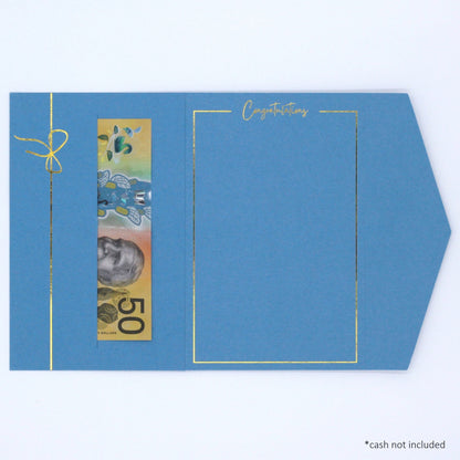 Blue congratulations greeting card with money in the pocket