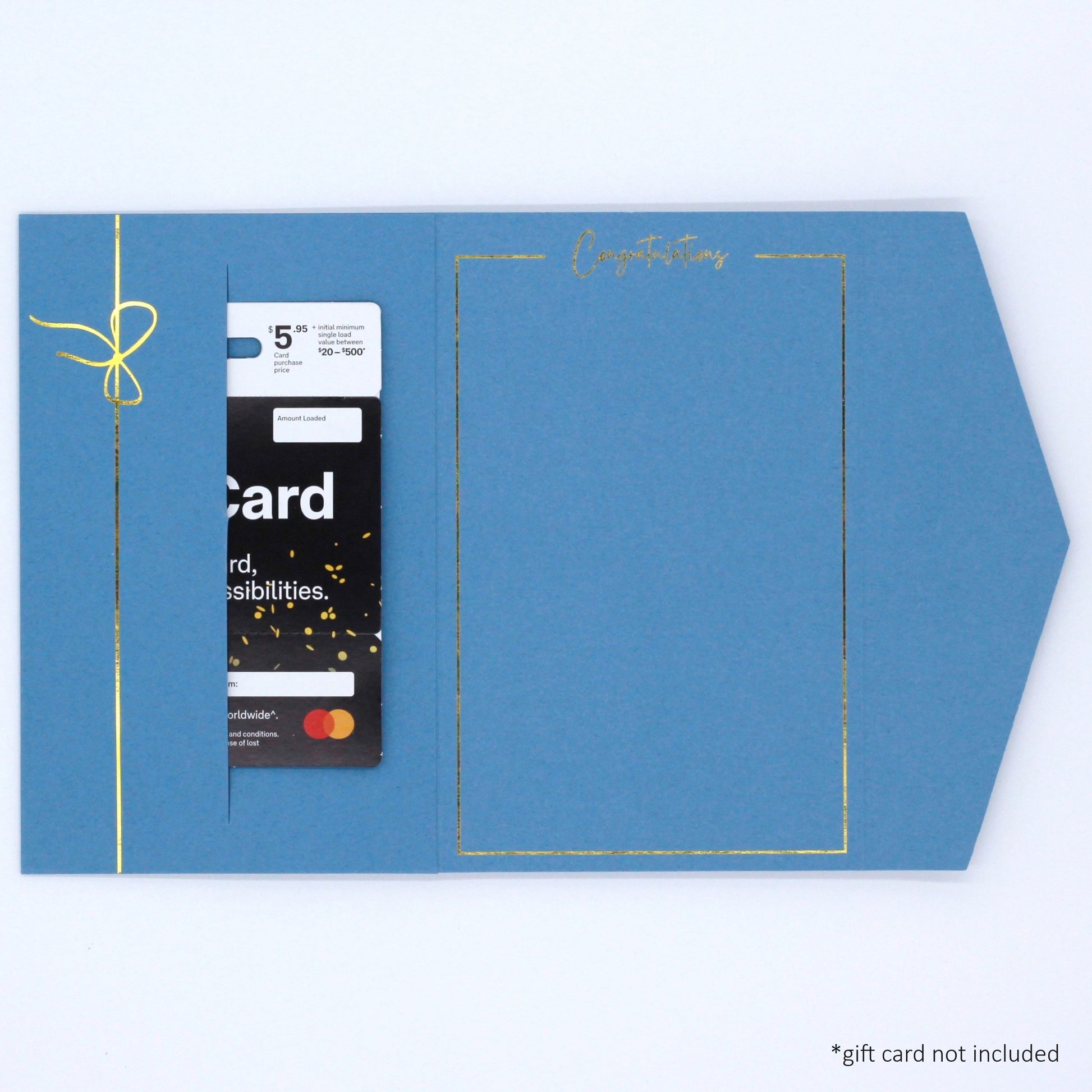 Blue congratulations pocket greeting card with gift card in the pocket