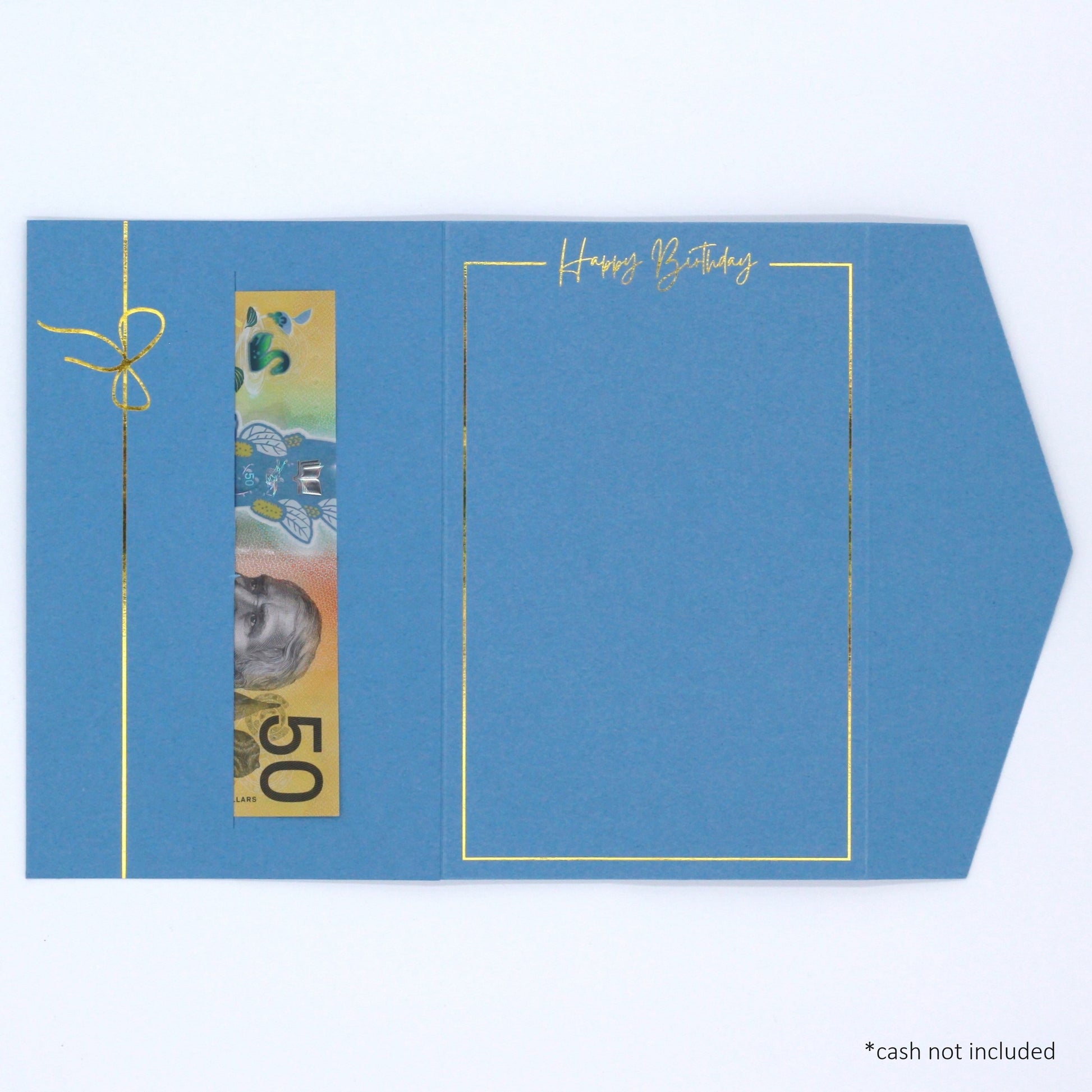 Blue pocket birthday greeting card with money in pocket