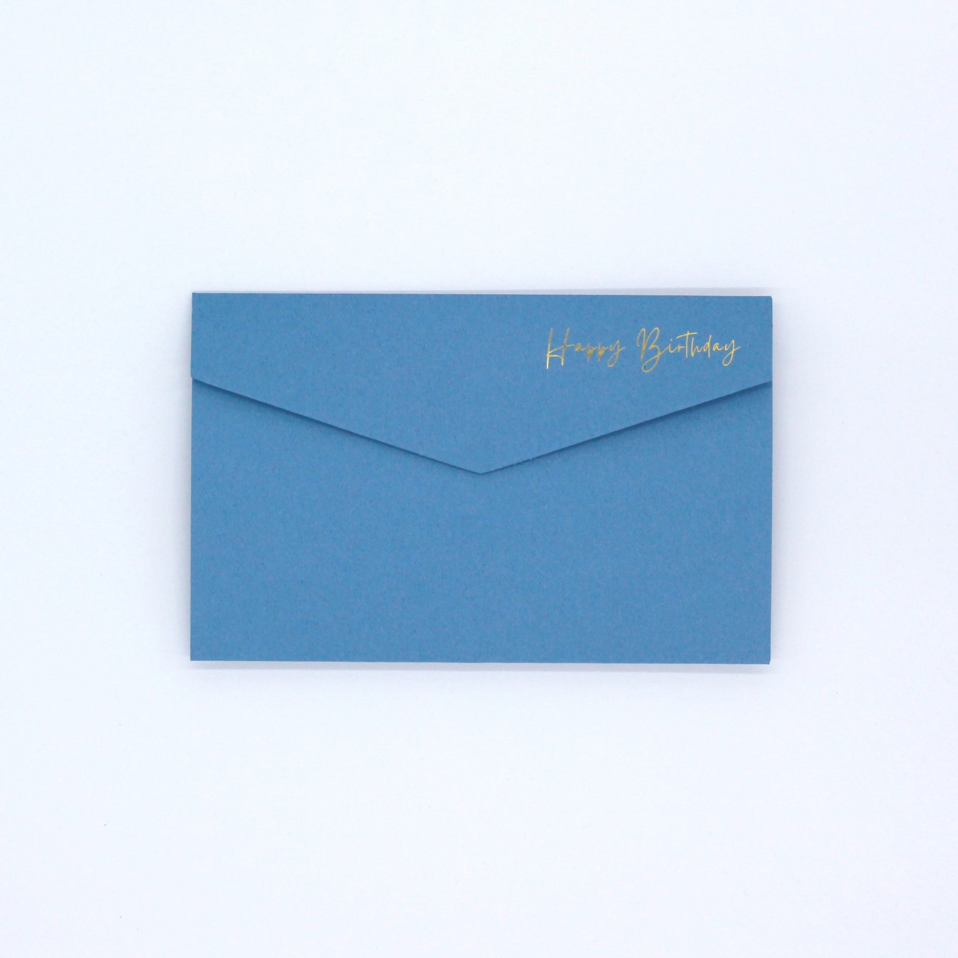 Blue pocket birthday greeting card with happy birthday in gold foil