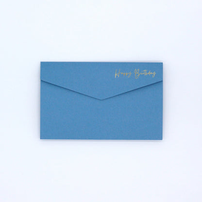 Blue pocket birthday greeting card with happy birthday in gold foil