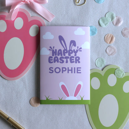 Personalised handmade easter money envelope with bunny hiding in grass